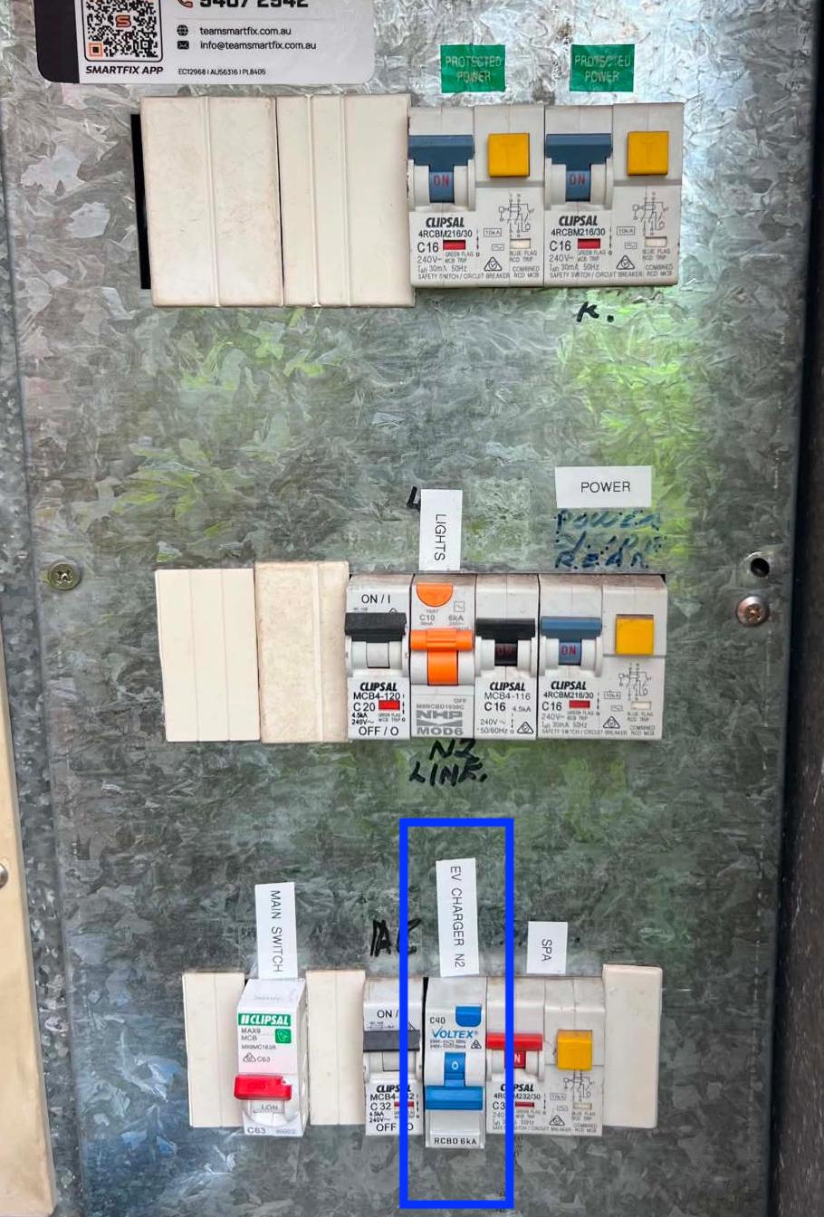 Main switchboard showing dedicated EV charger RCBO