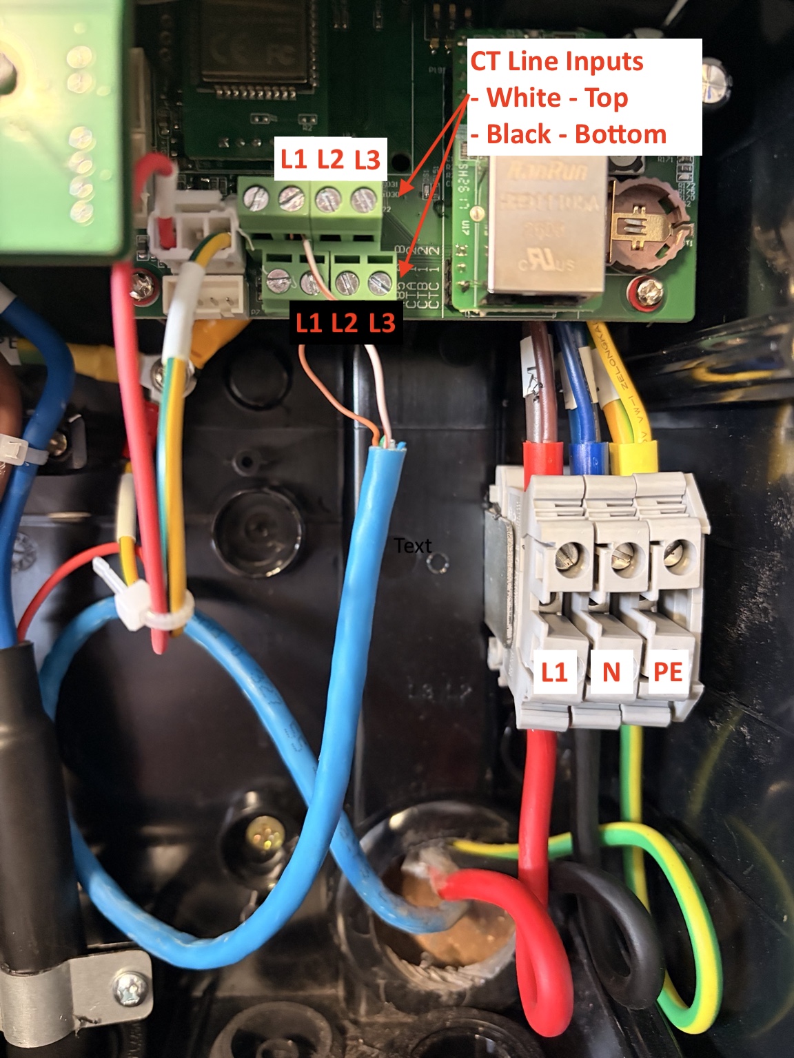 Earth EV Wallbox single-phase AC supply and CT terminations