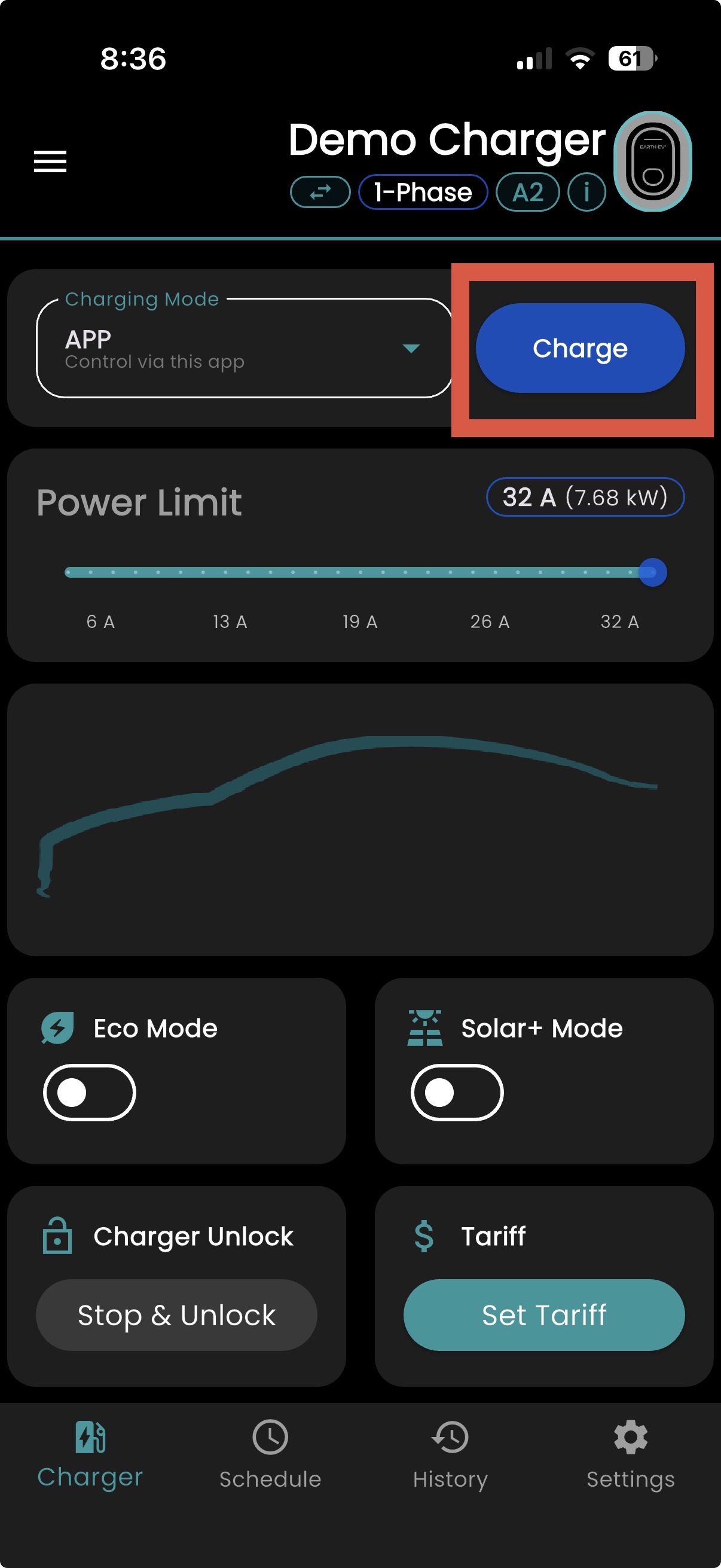 Blue Charge button in the Earth EV app