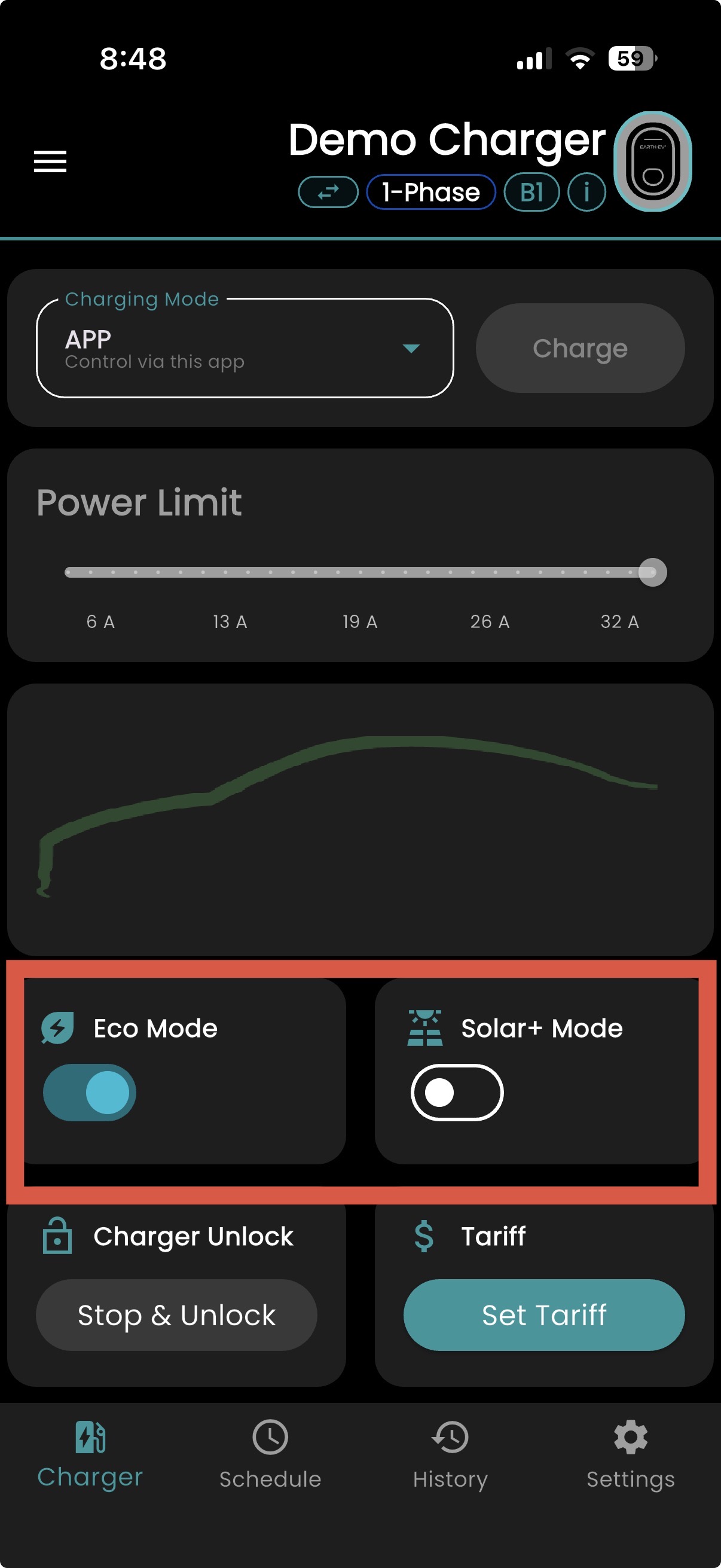 ECO mode enabled in the Earth EV app
