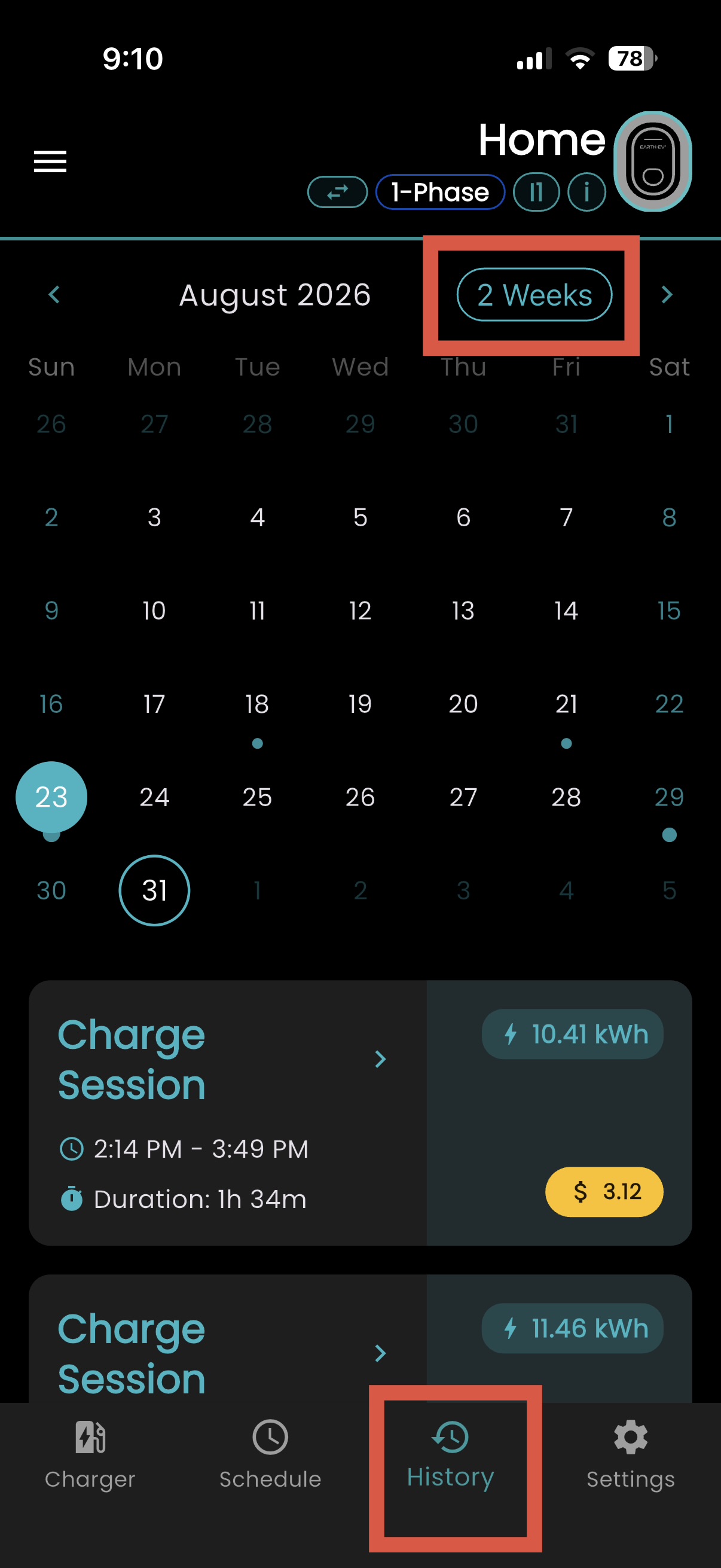 Charging History screen in the Earth EV app